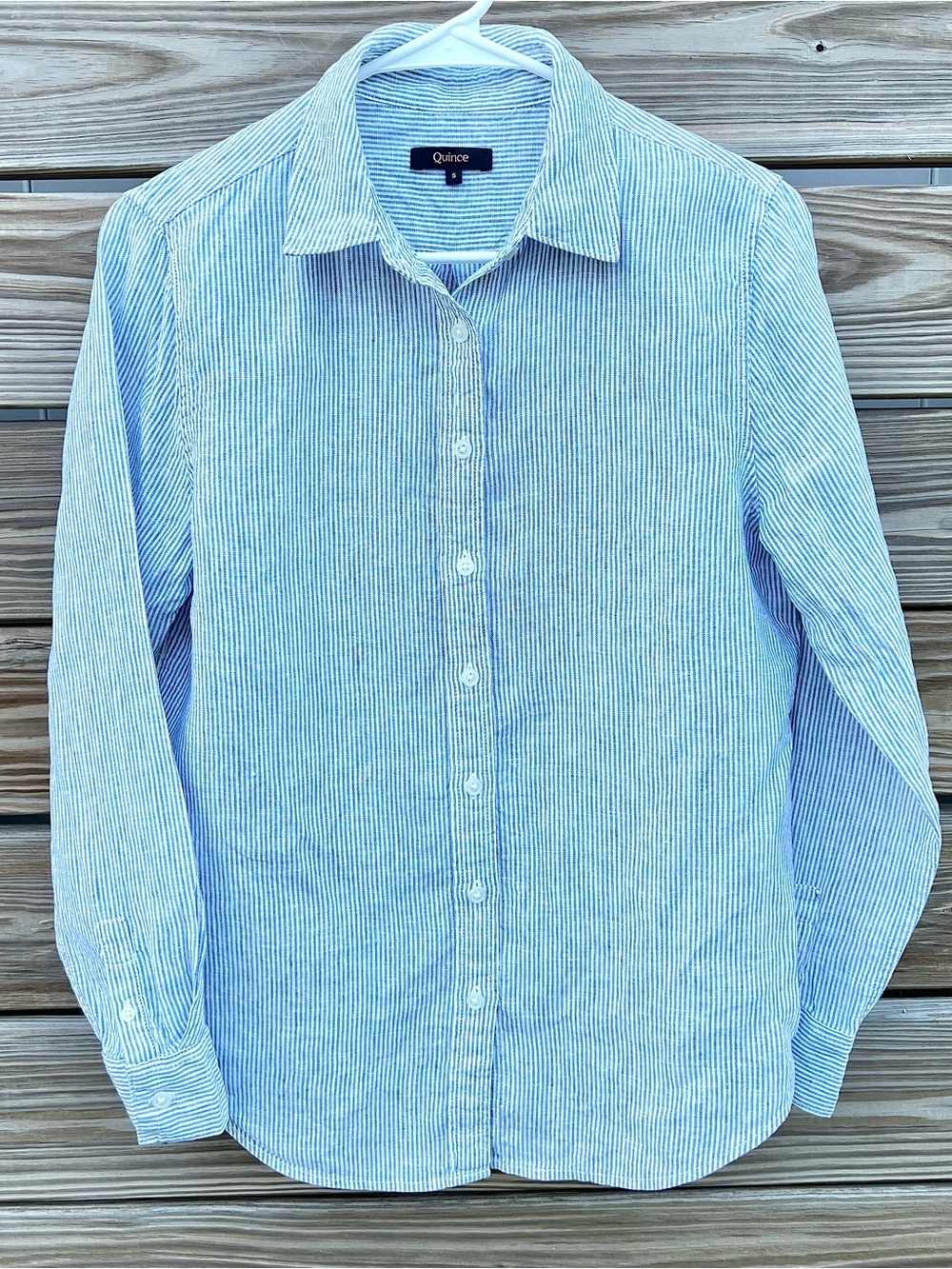 Quince 100% European Linen Long Sleeve Shirt Blue Pinstripe Women’s SZ S